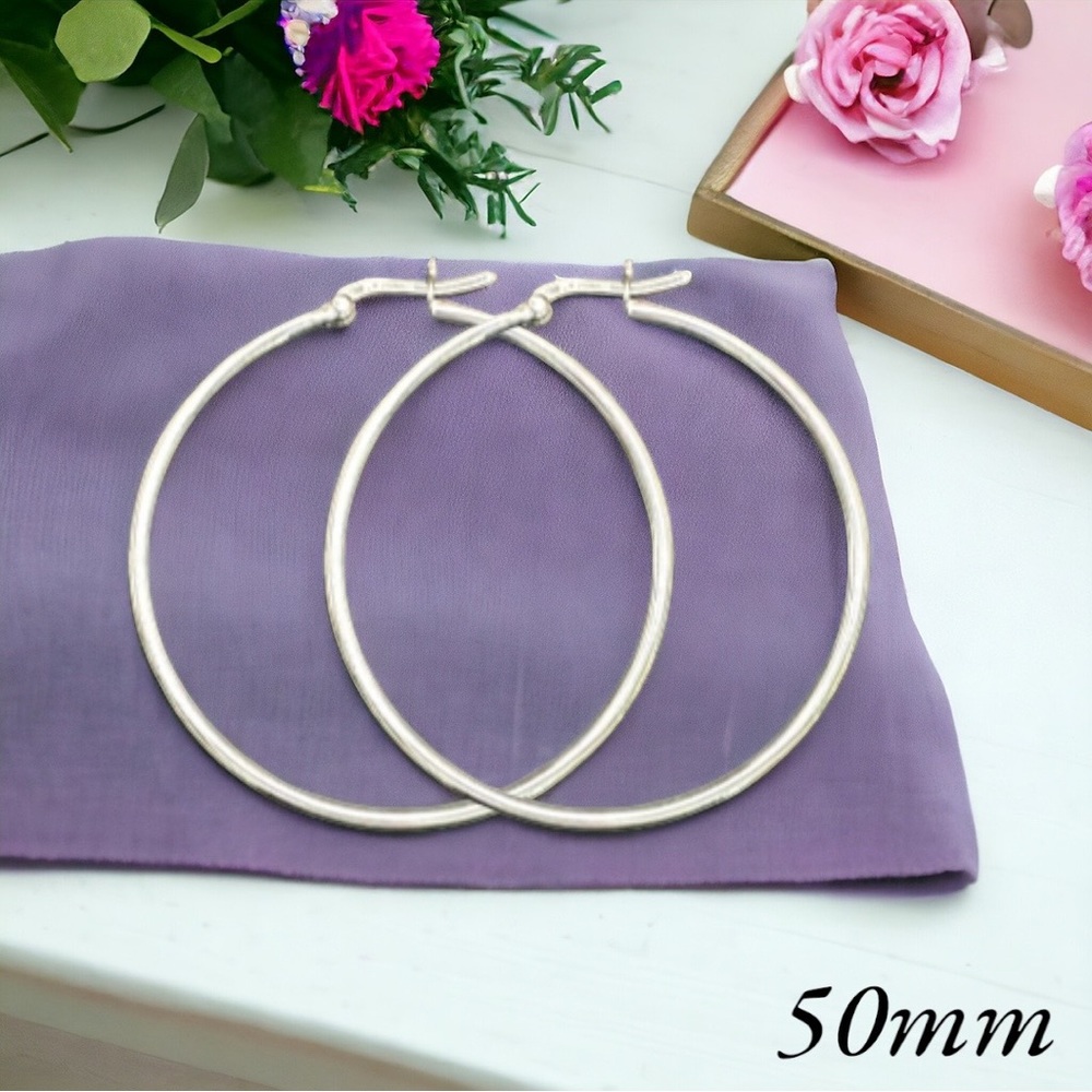 50mm Sterling Silver Large Plain Hoop Earrings, Classic Silver Jewelry,